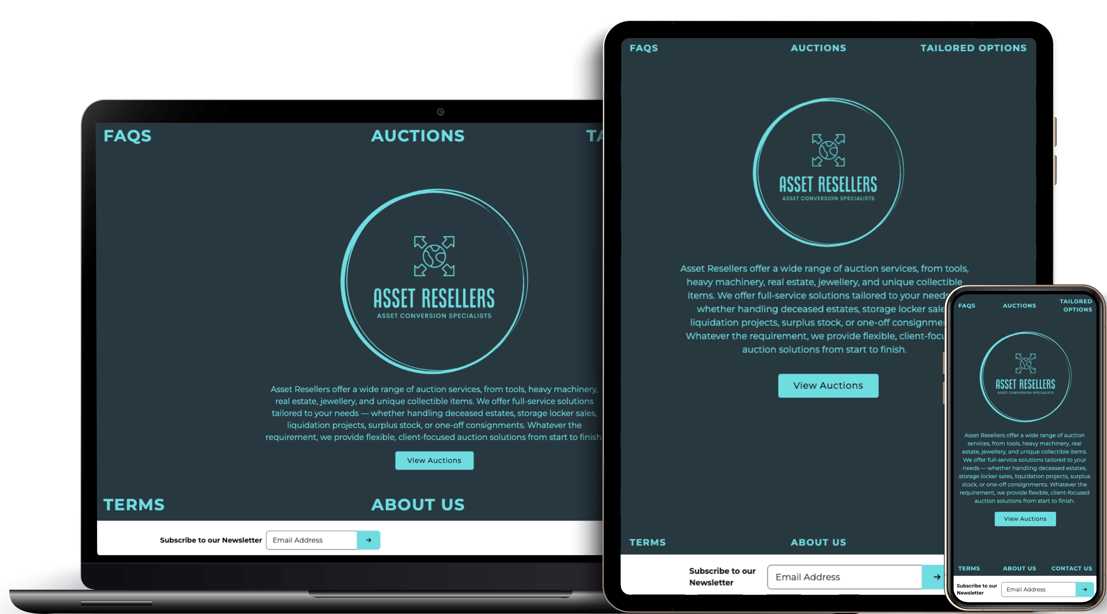 Asset Resellers homepage on different devices