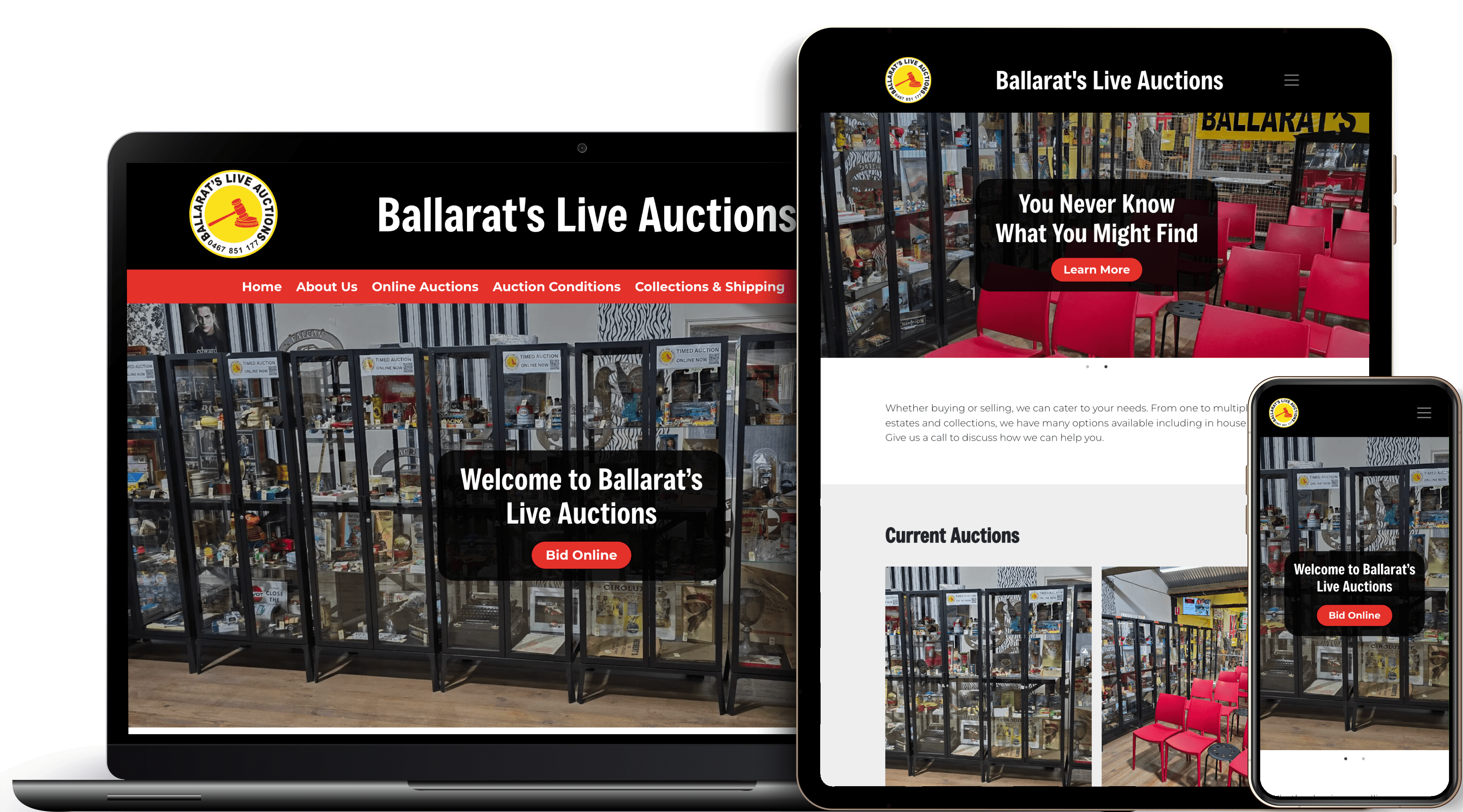 Ballarat's Live Auctions homepage on different devices