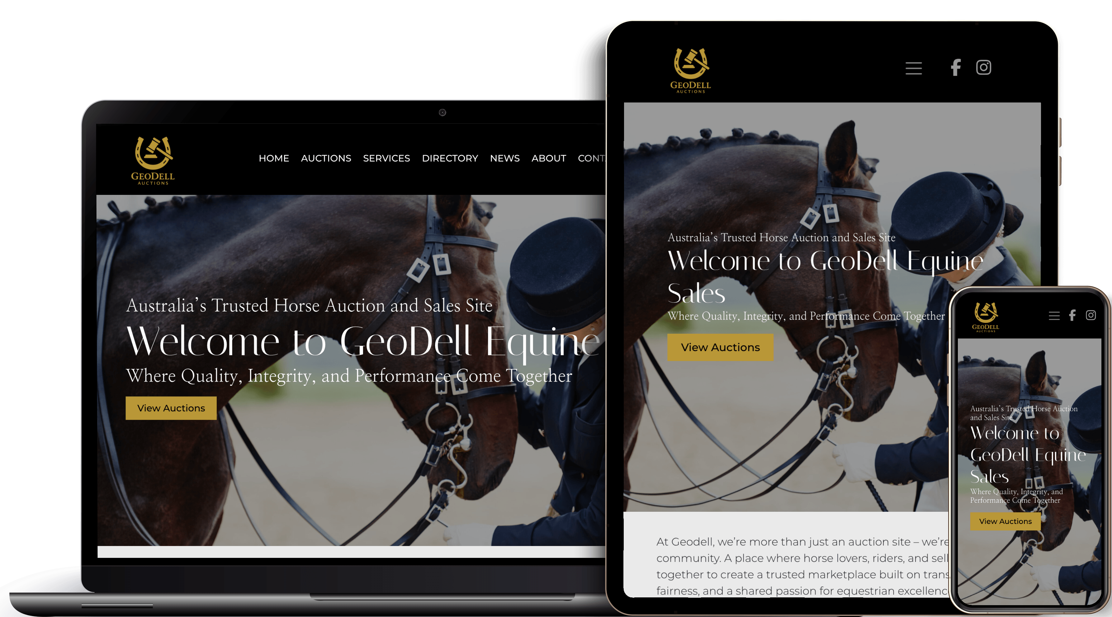 GeoDell Equine Sales homepage on different devices