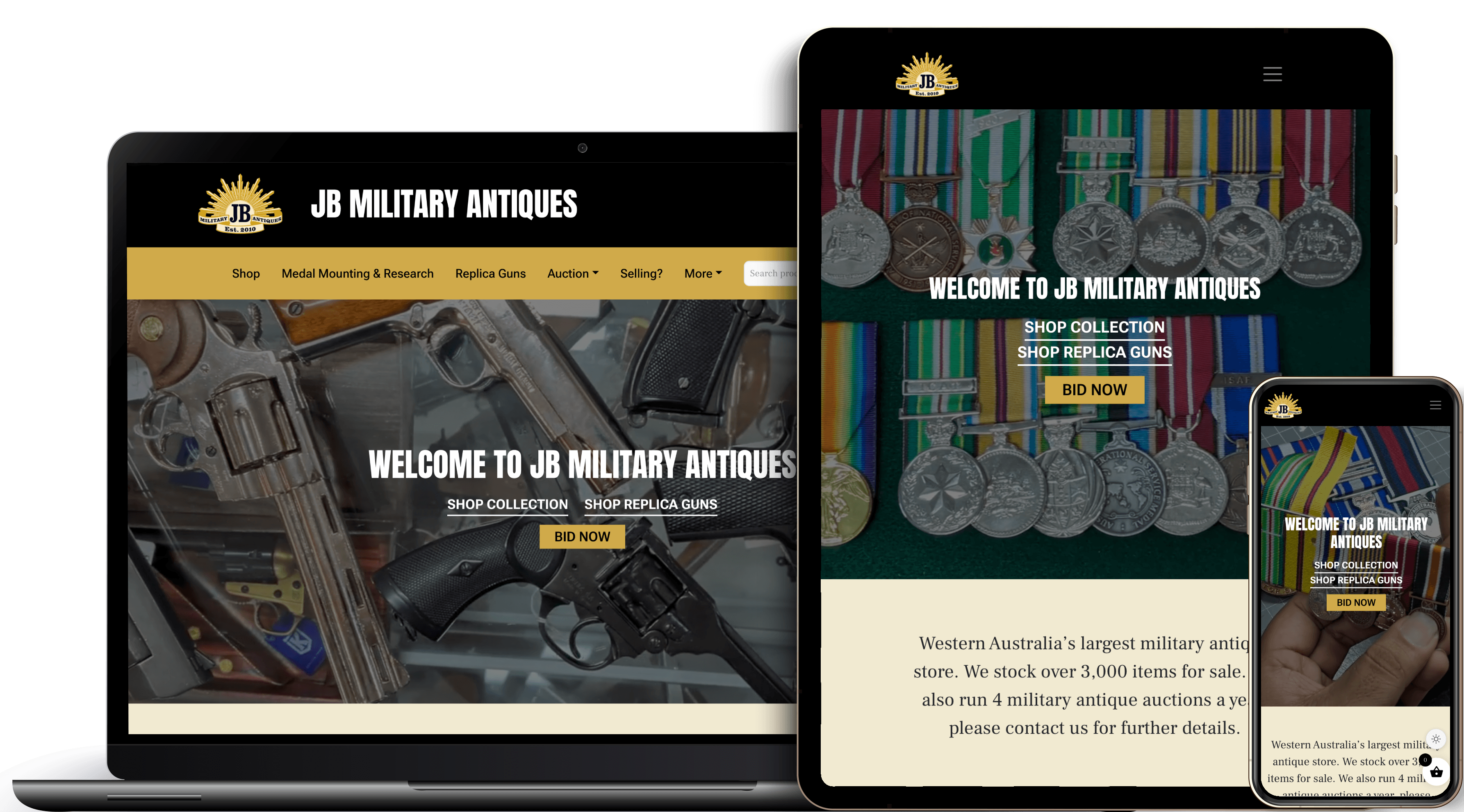 JB Military Antiques homepage on different devices