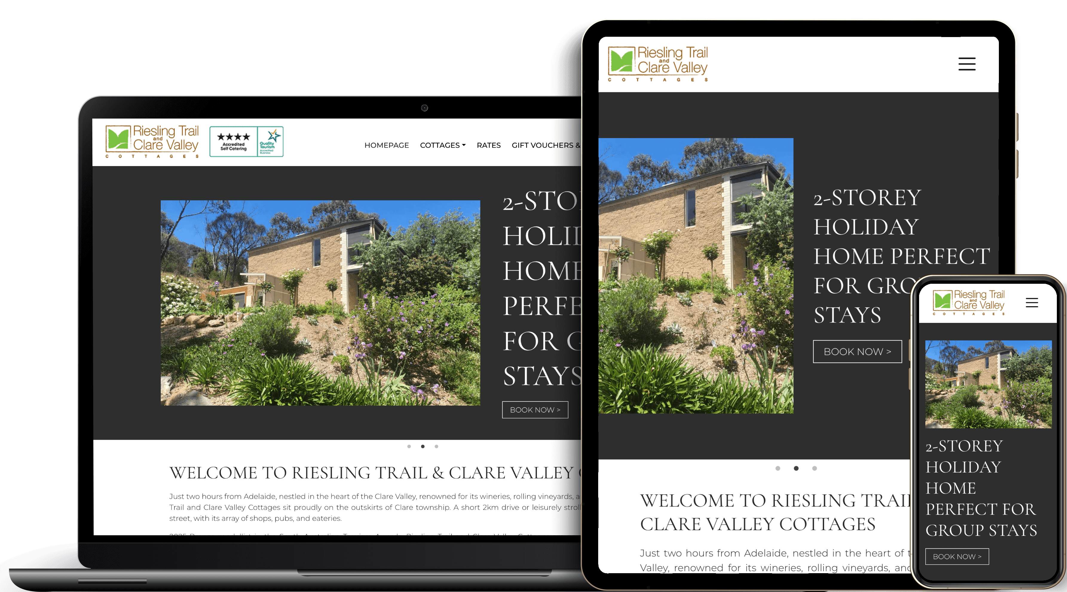 RTCV Cottages homepage on different devices