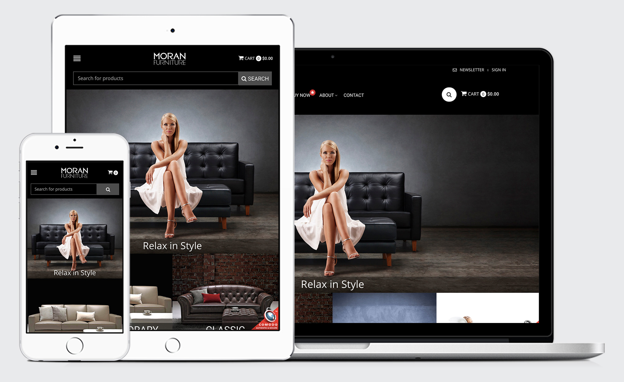 Moran Furniture Responsive website design, e-commerce, shopping cart